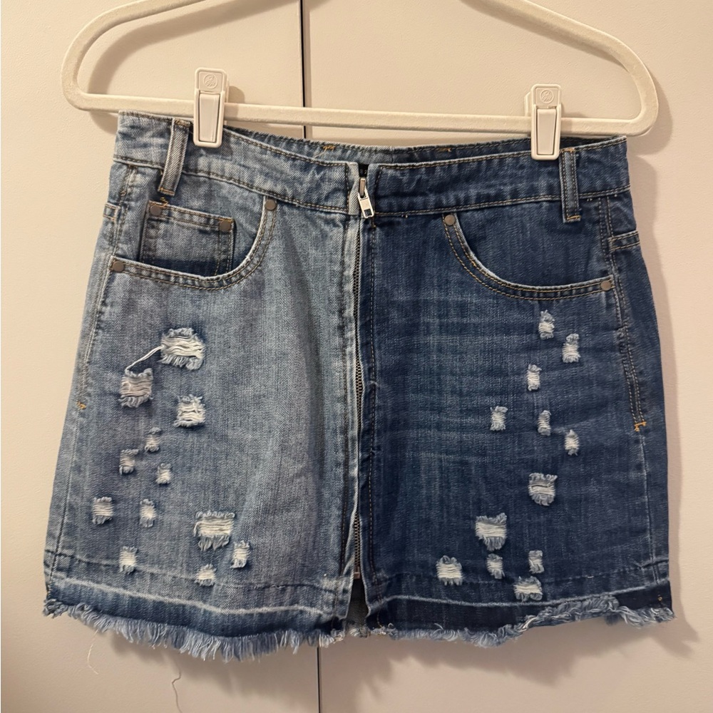Denim Distressed Two-Tone Skirt